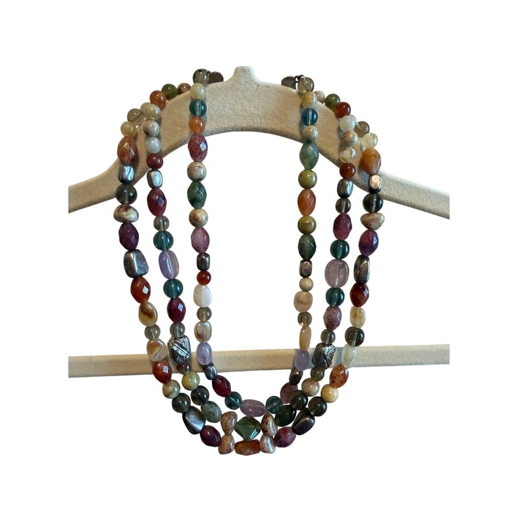 Liz Claiborne LCI Vintage Triple Strand Multi-Colored Beaded Necklace Silver